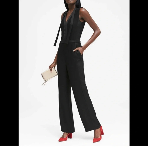 Banana Republic Black Tux Shine Mix Jumpsuit 2 Tank Tie Neck - Picture 4 of 13